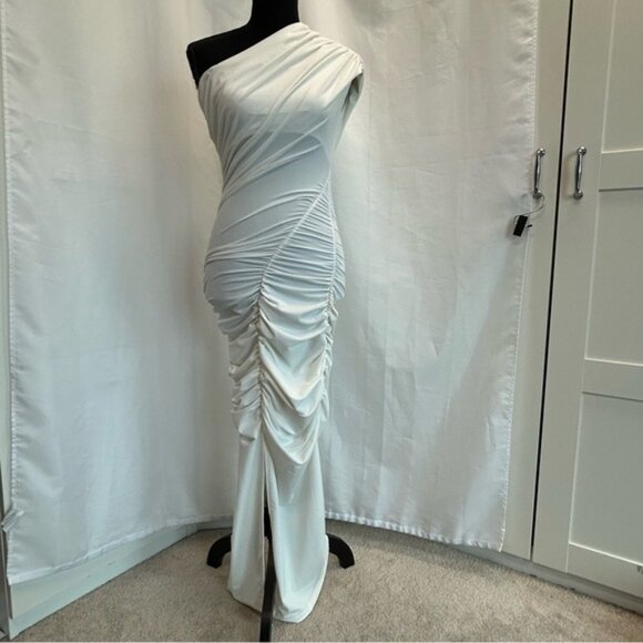 Zara white draped ruched one shoulder asymmetrical bodycon midi dress high slit - Picture 3 of 11